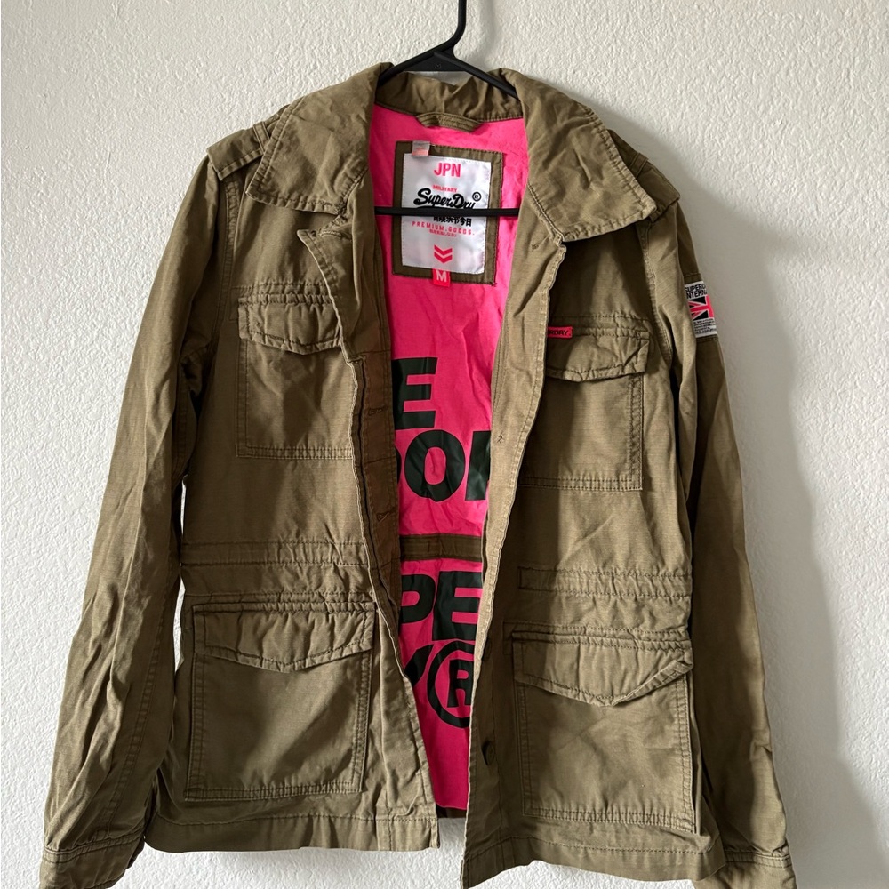 Superdry Olive Jacket with Bright Pink Interior
